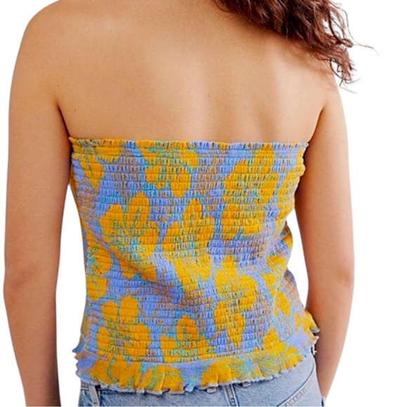 Free People Poppy Mesh Floral Smocked Tube Top XL Cornflower Blue Orange - Picture 3 of 14